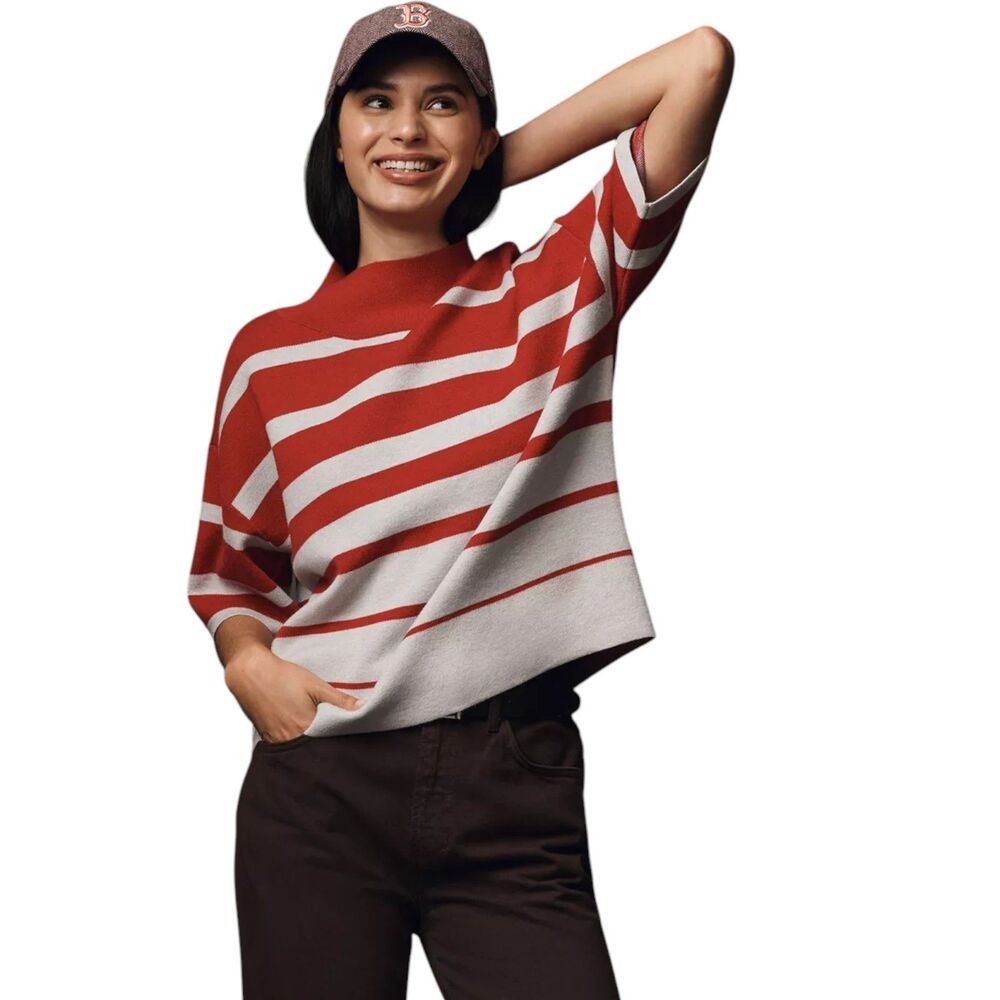 NWT Maeve Carys Mock Neck Striped Sweater Size S Red White Short Sleeve